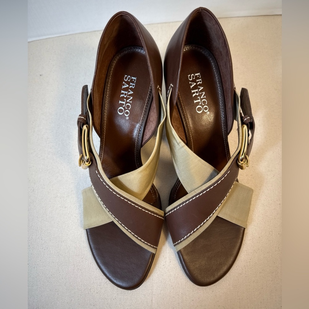 Frank Sarto Brown Beige Crisscross Sandals Gold Buckle StrapOpen Toe Women’s 9.5